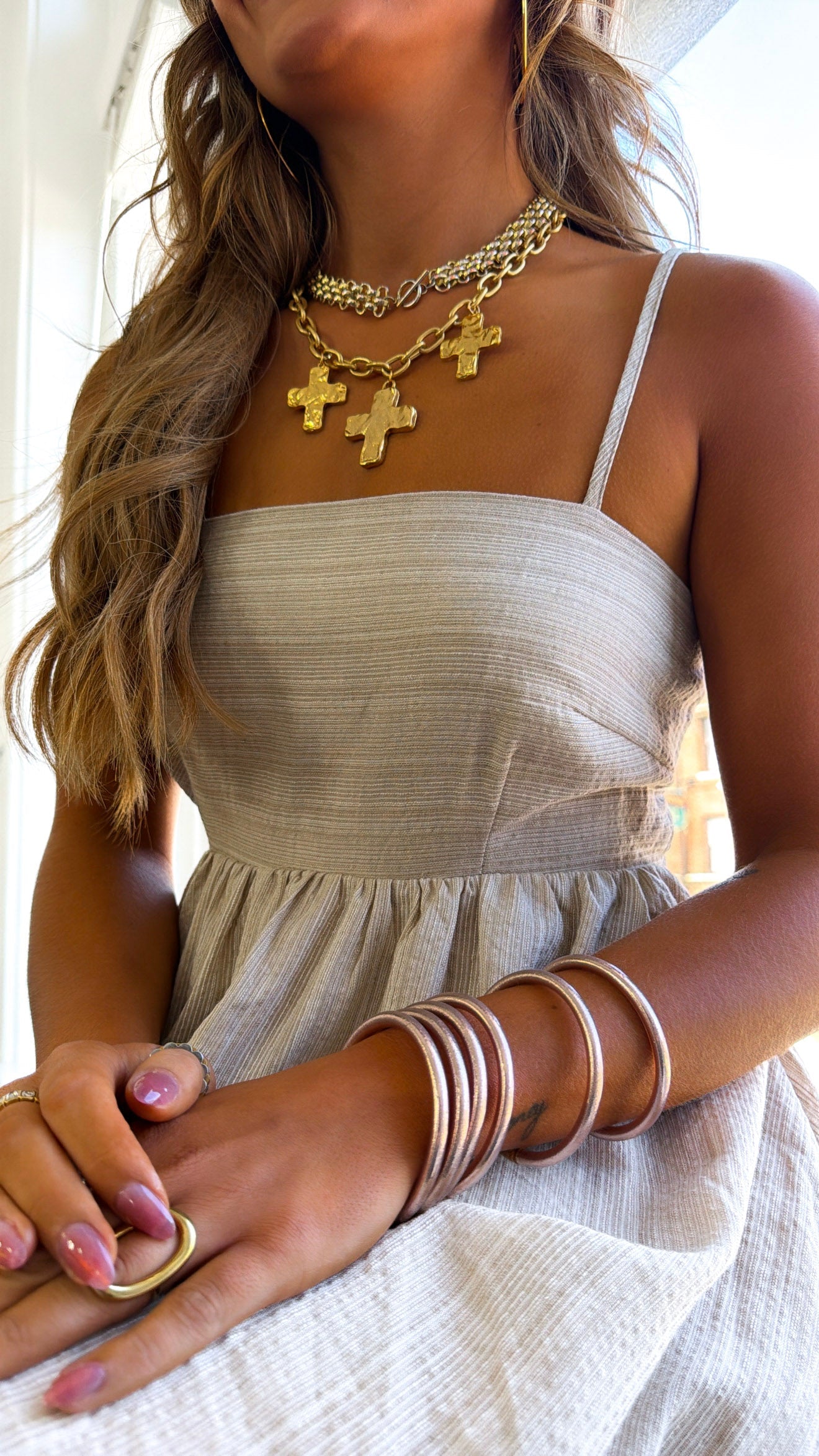 Triple Cross Necklace, Gold