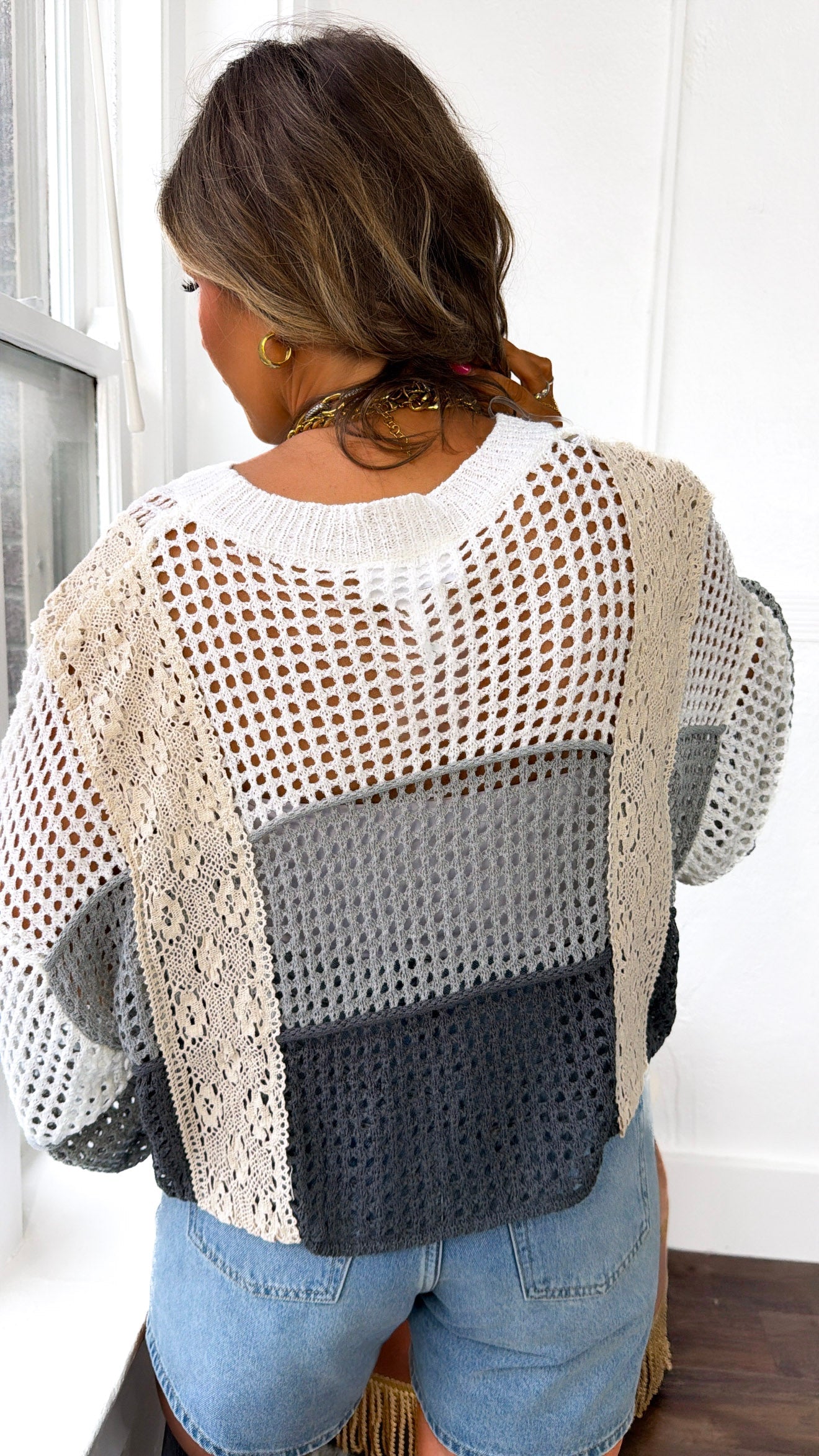 Seashell Open Knit Sweater, Grey Charcoal