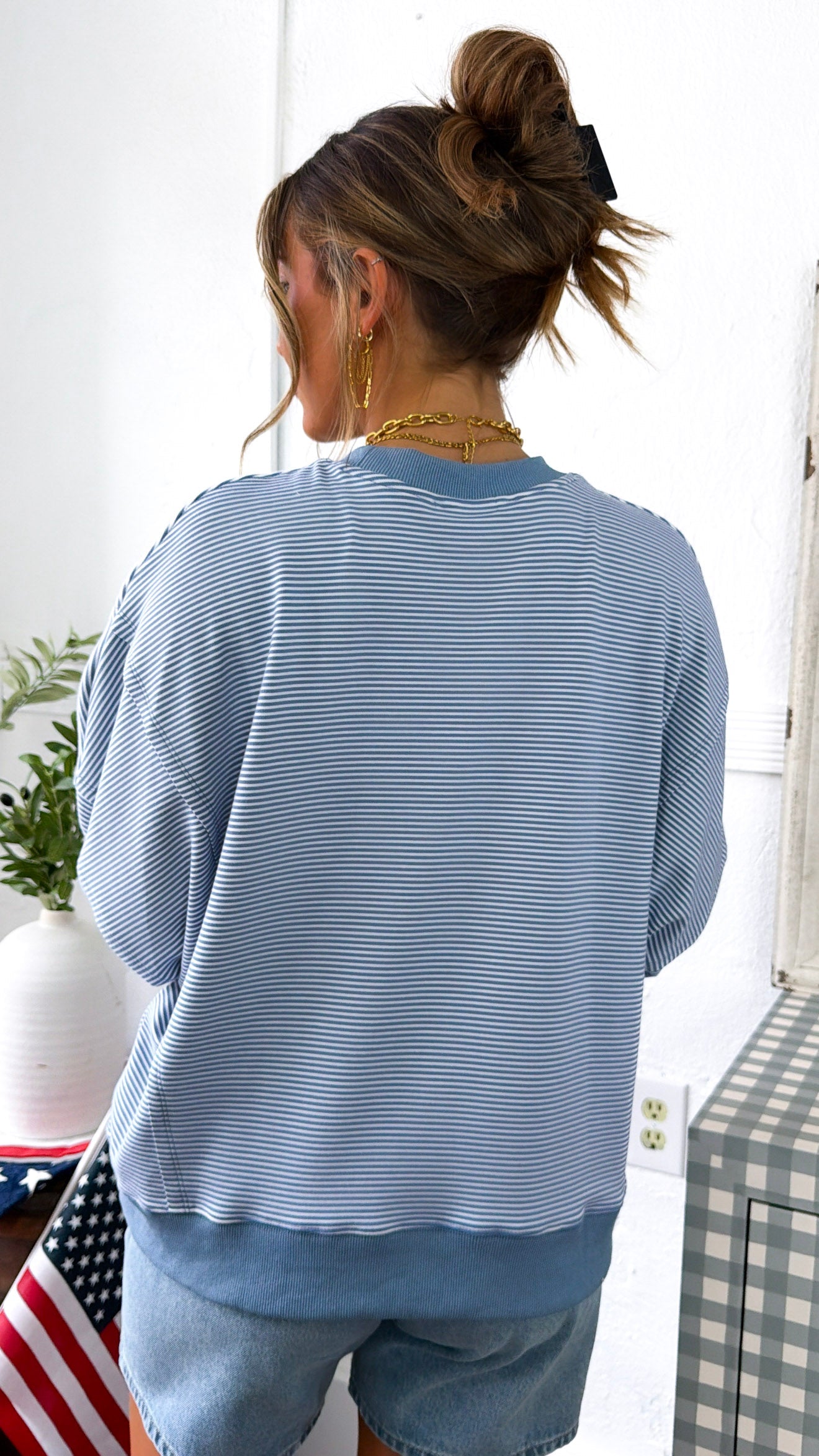 Weekend Stripe Crewneck, Ivory/Blue