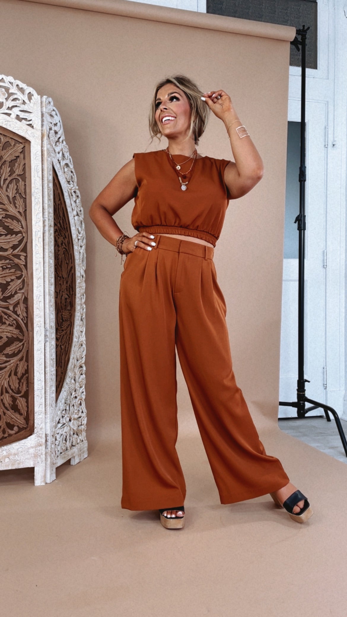 Tank and Trouser Pant Set, Brown