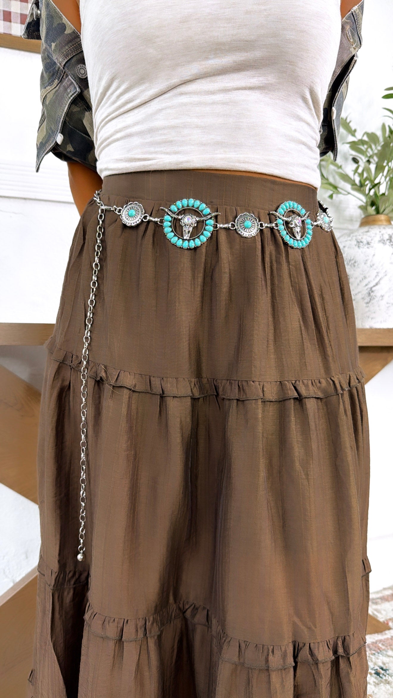 Western Turquoise Bull Skull Chain Belt
