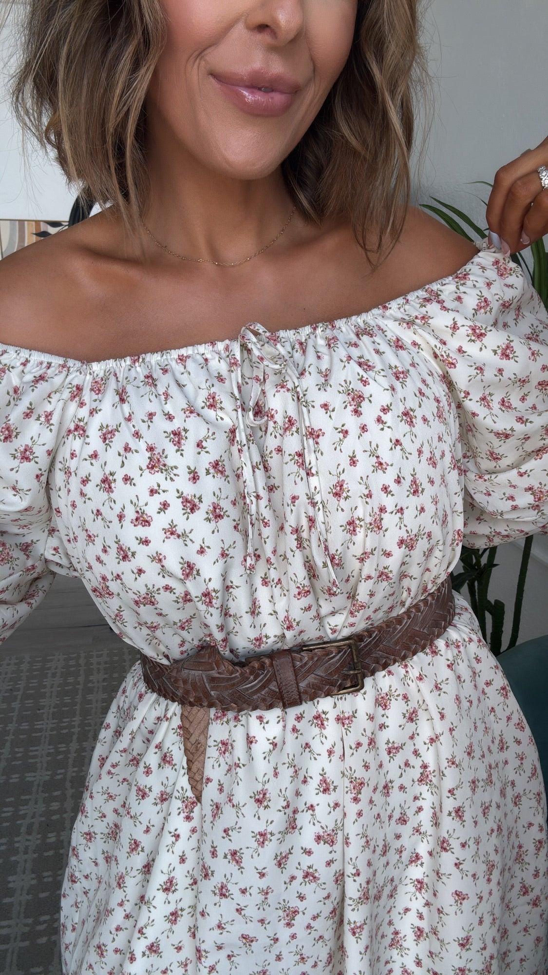 Tulip Kiss Puff Sleeve Dress, Off White/ Rose
