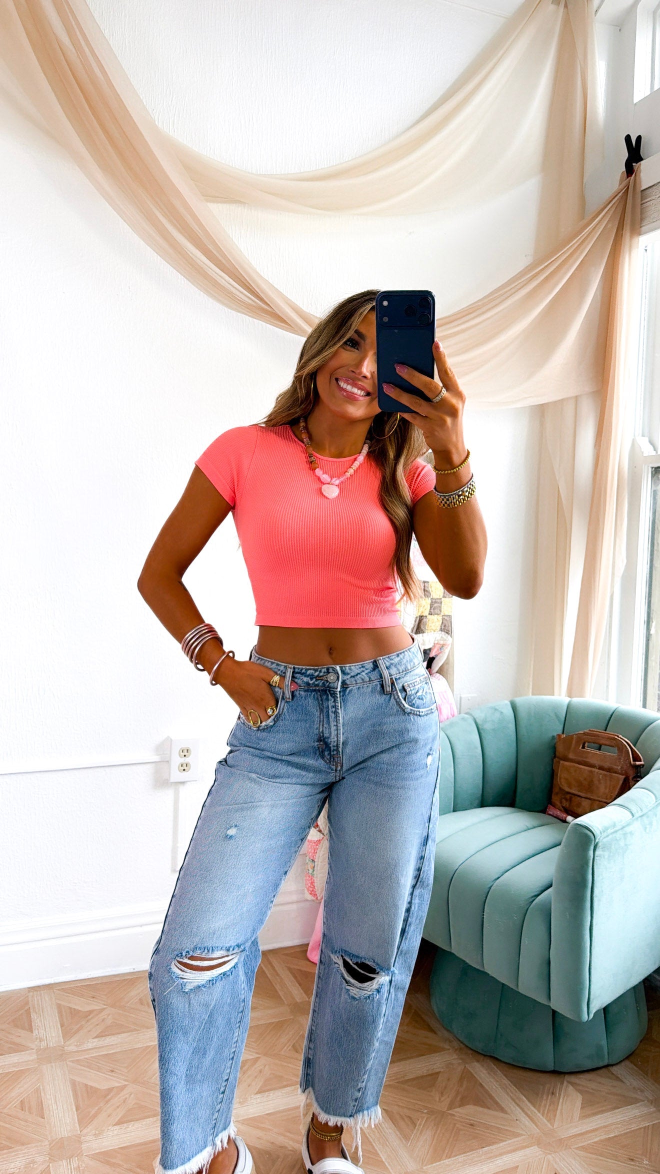 Ribbed Crop Baby Tee, Coral