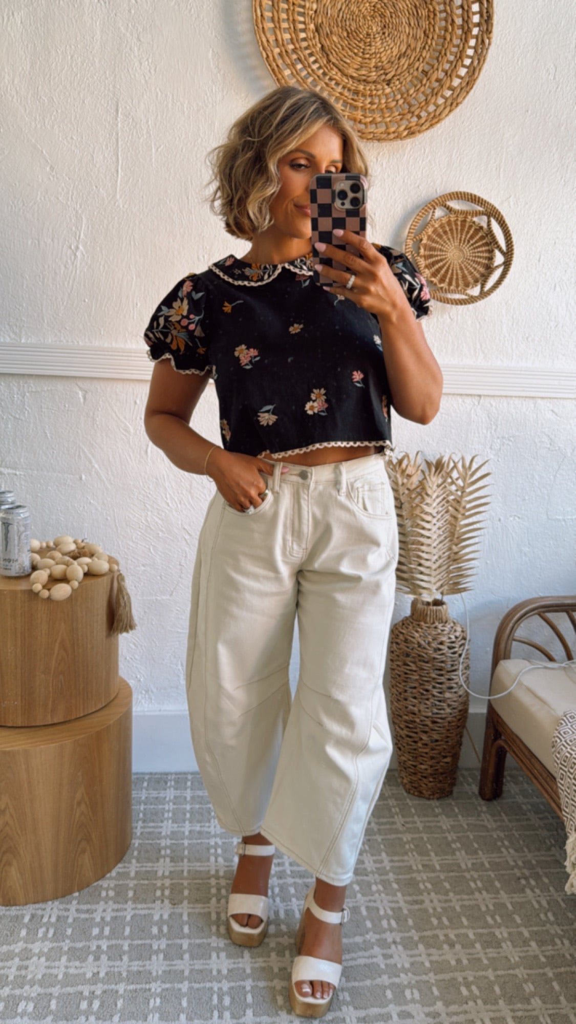 Sweet Things Embroidered Floral Puff Sleeve Top, Black