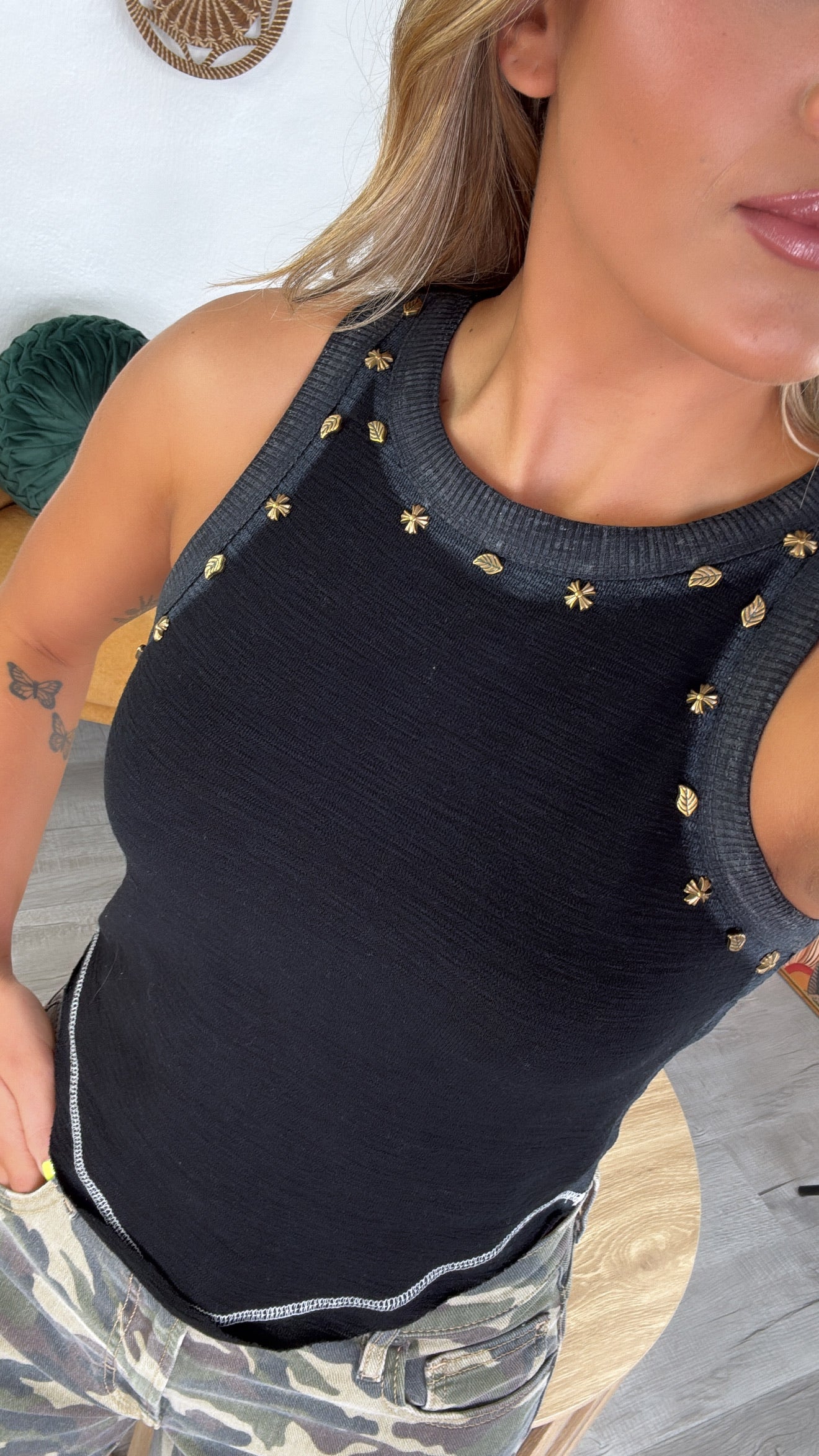 Simple Wear Basic Studded Detail Tank, Black