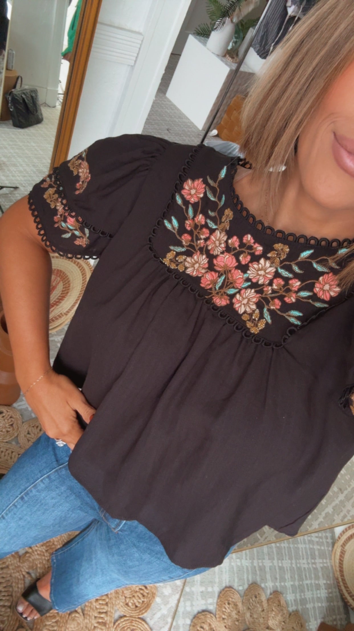 Sweet As Can Be Floral Embroidered Ruffle Sleeve Top, Black