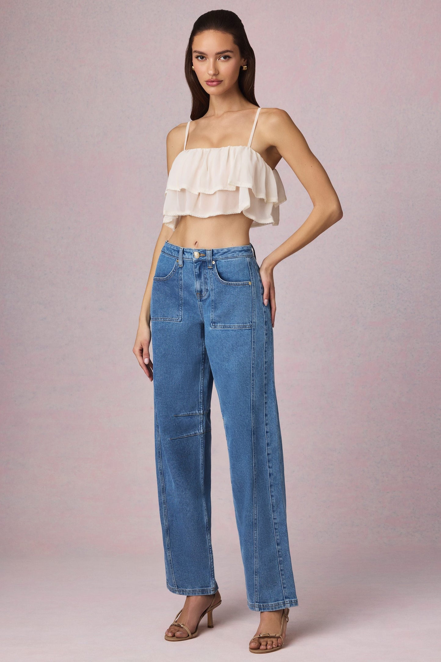 Ruffled Cropped Camisole Top in Ivory