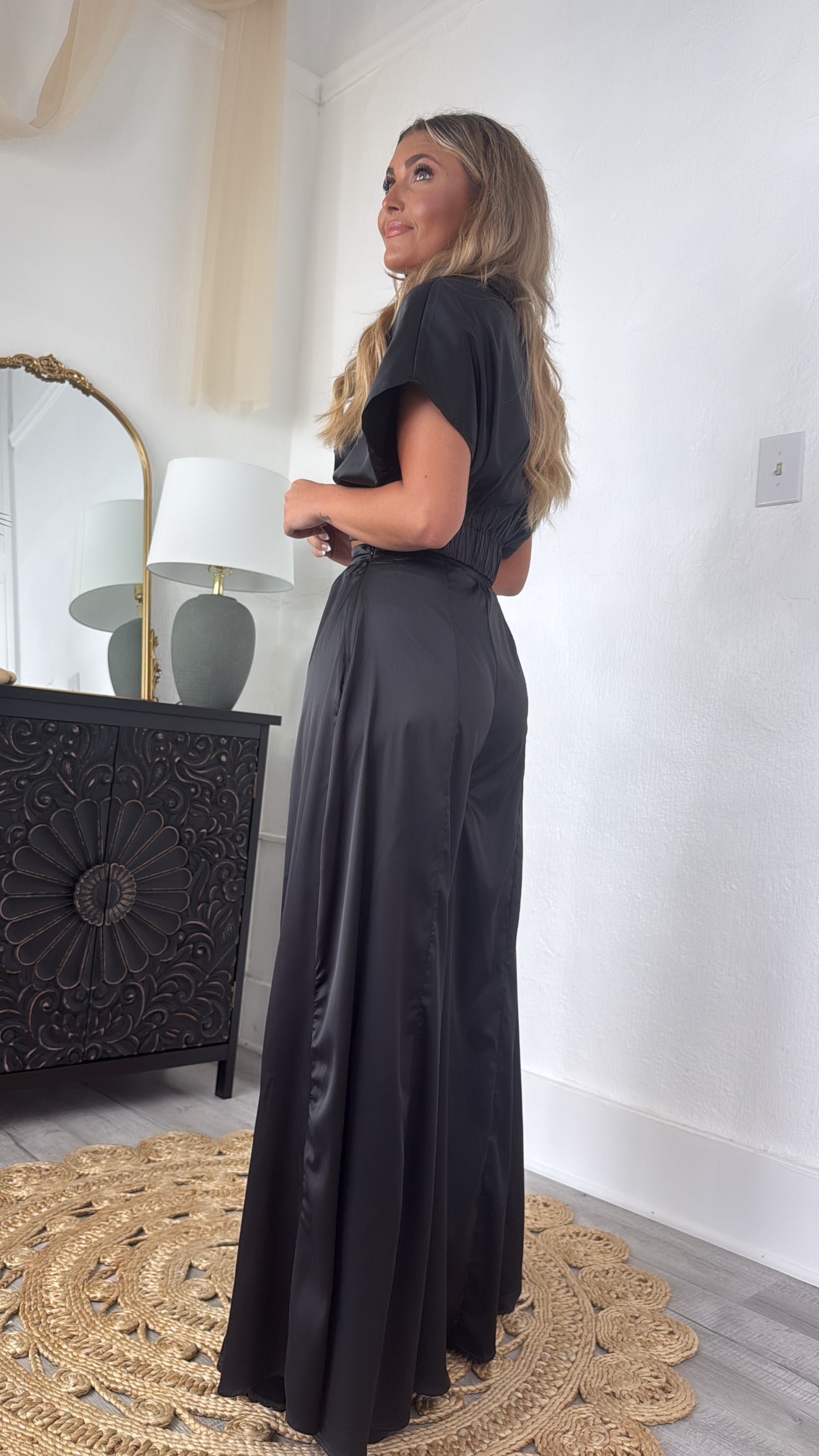Satin Top and Pants Set, Black