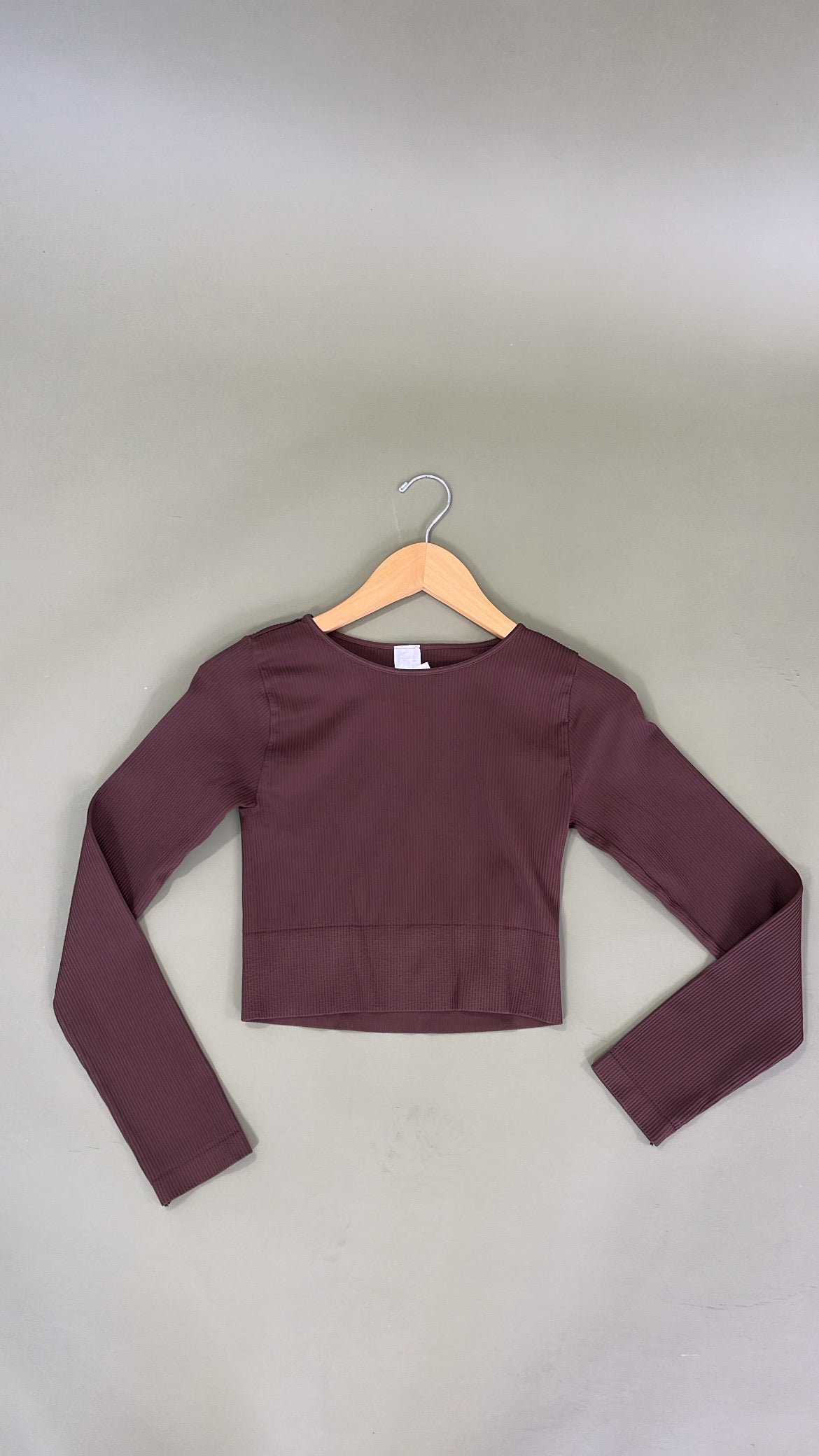 Ribbed Long Sleeve Crew Neck Top, Brown