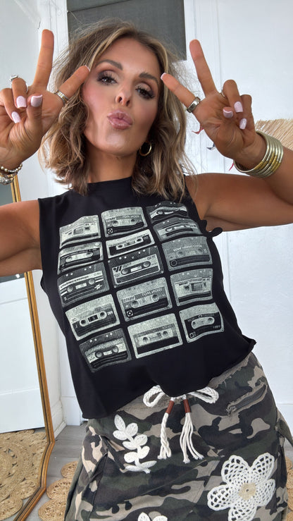 Throwback Cassette Tape Muscle Tee, Vintage Black