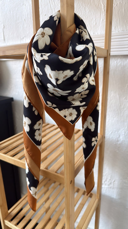 Silk Flower Power Twilly Scarf, Navy