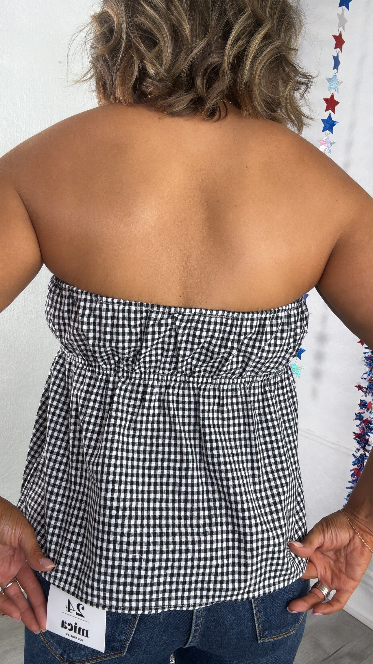 Sunset Picnic Gingham Strapless Top, Black