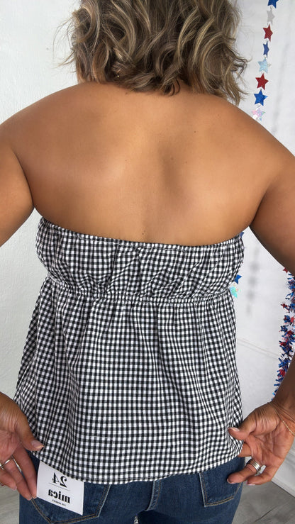 Sunset Picnic Gingham Strapless Top, Black