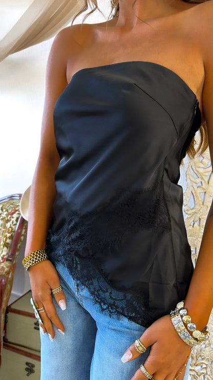 Satin Asymmetrical Hem Strapless Top, Black