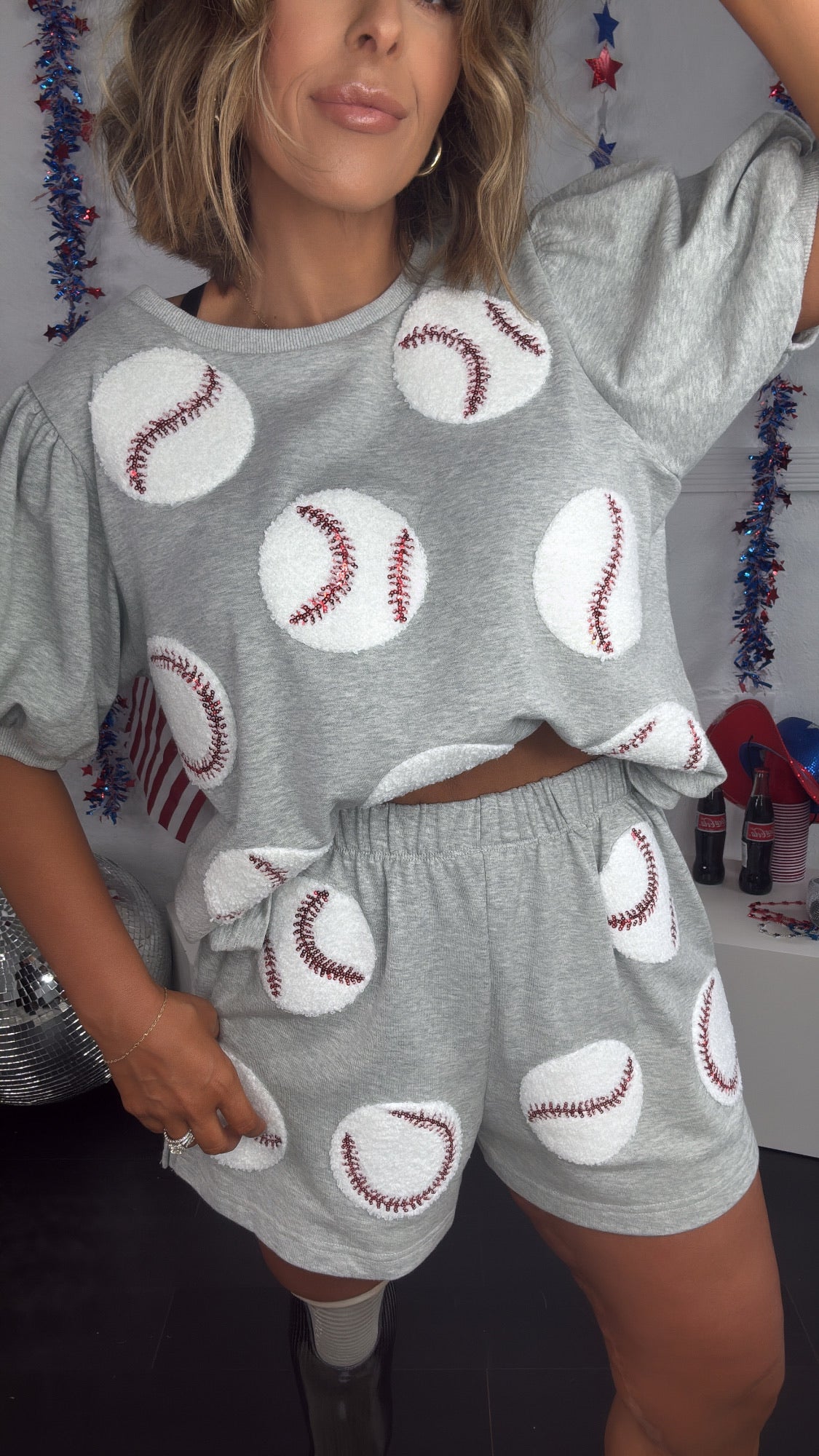 Sequin Slugger Baseball Top, Grey