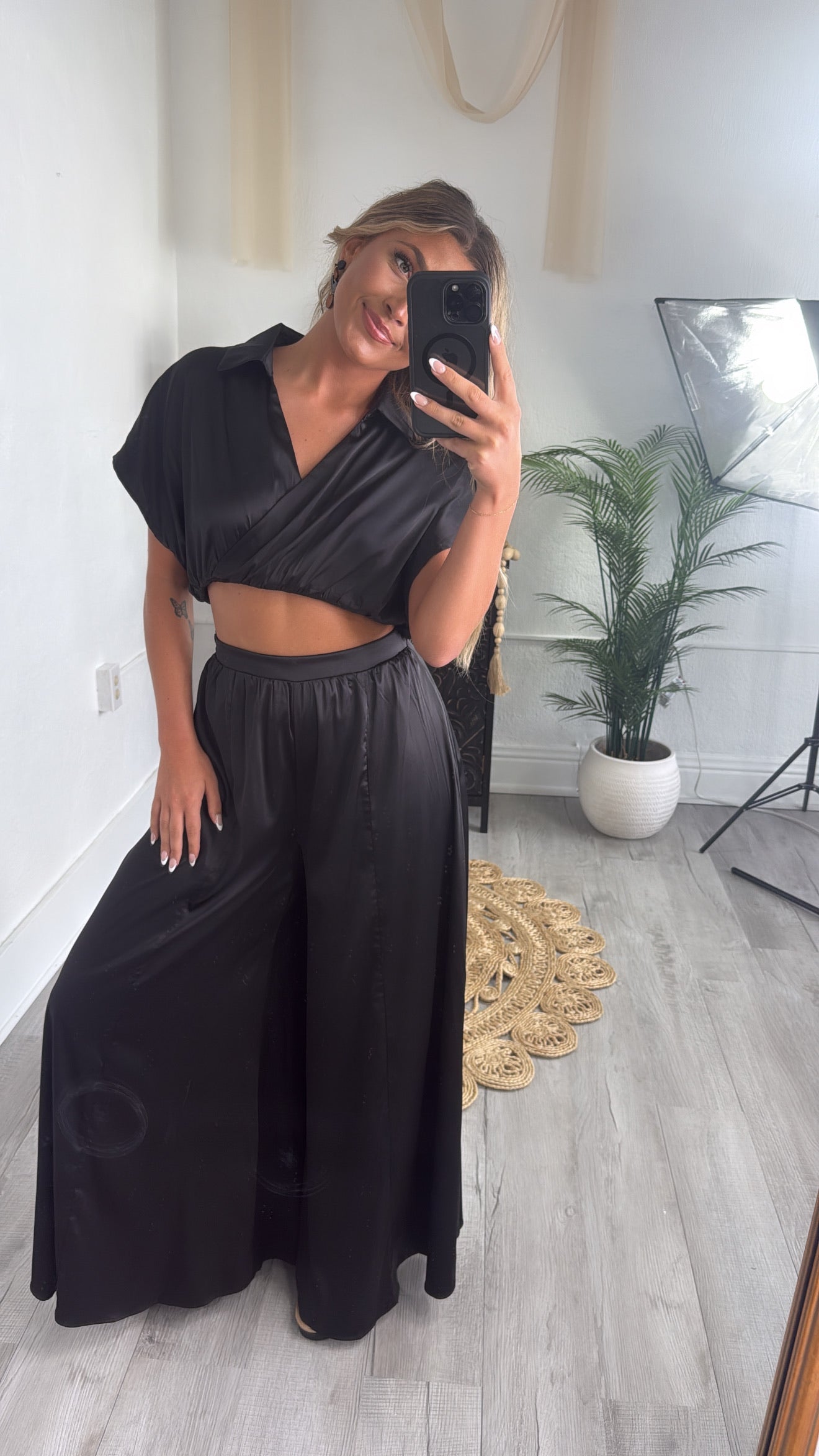 Satin Top and Pants Set, Black