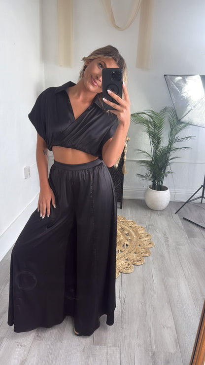 Satin Top and Pants Set, Black