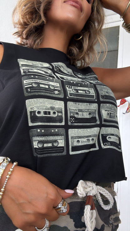 Throwback Cassette Tape Muscle Tee, Vintage Black