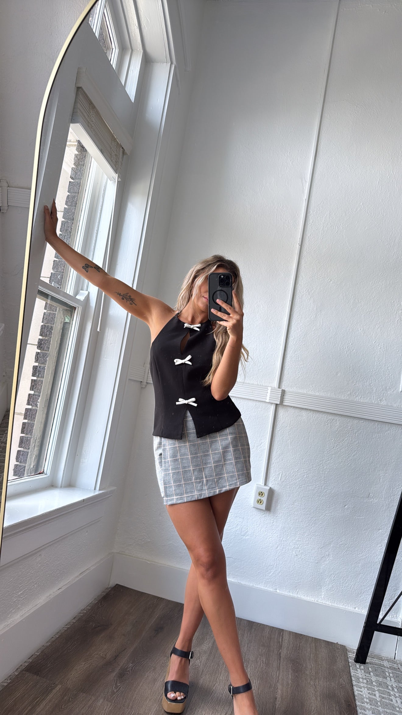 Urban Plaid Wrap Skort, Black/Camel