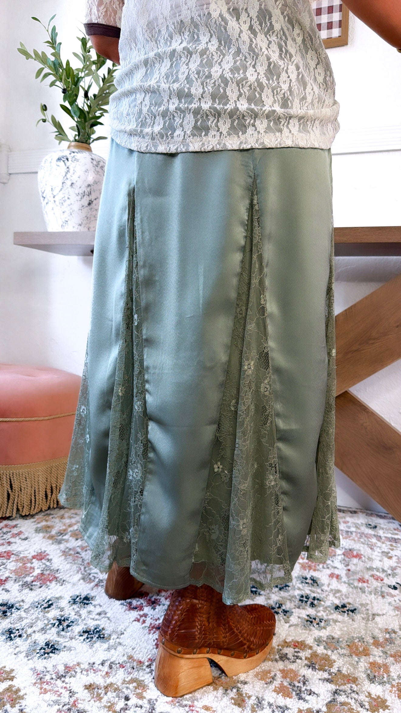 Sweet Lace Silk Maxi Skirt, Olive