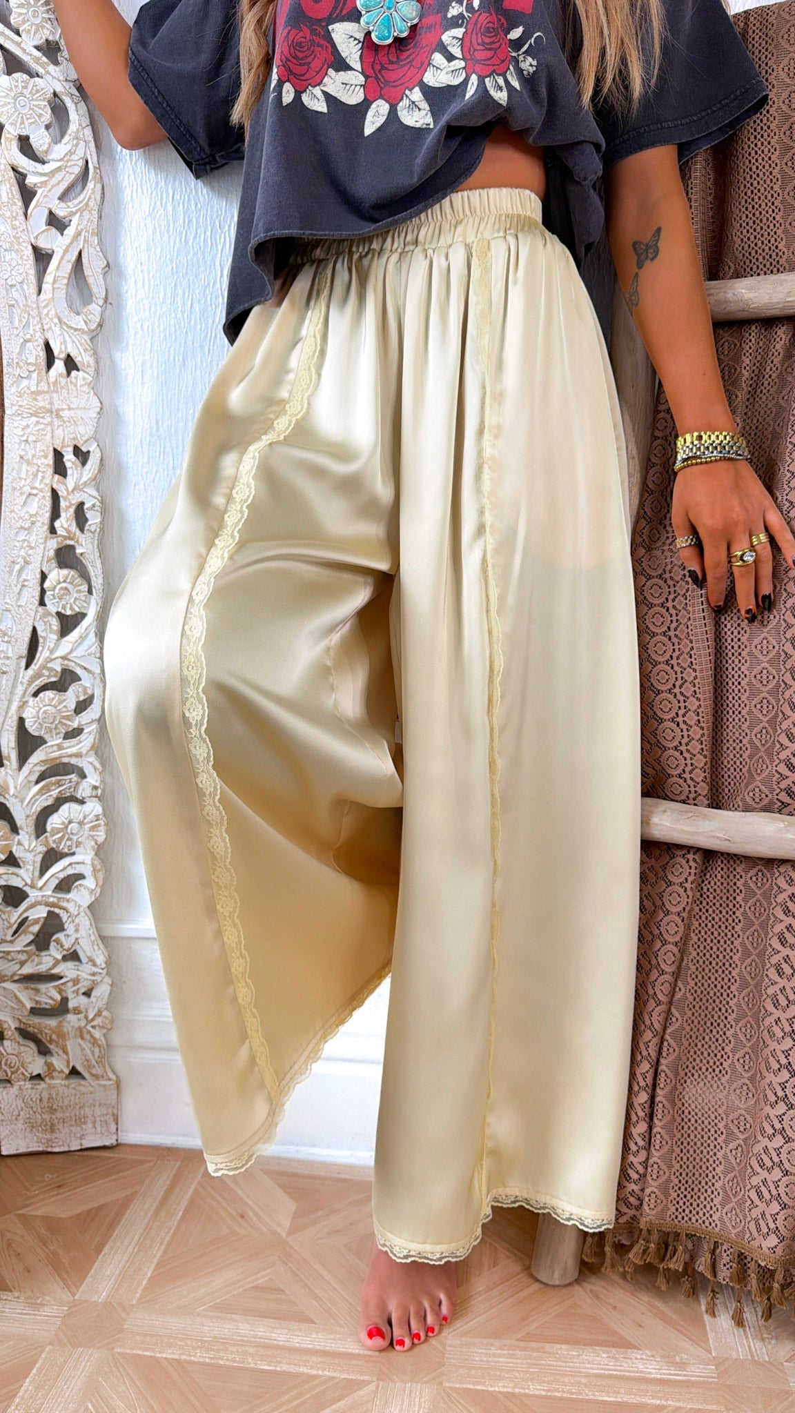 Satin Lace Trim Flowy Pants, Creamy Light Yellow