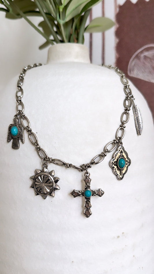 Western Canyon Charm Necklace, Silver/ Turquoise