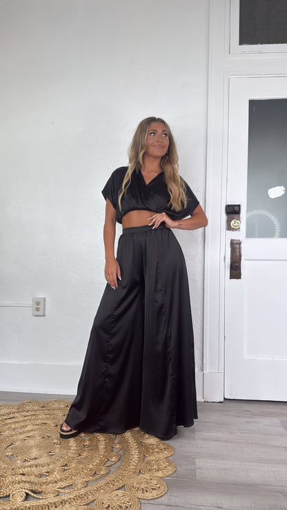 Satin Top and Pants Set, Black