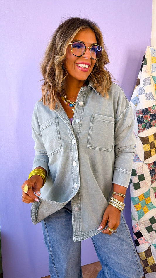 Washed Oversized Shacket, Sage