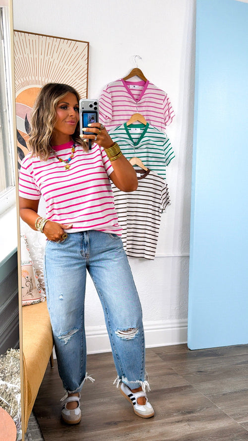 The Modern Stripe T- Shirt, Hot Pink/White