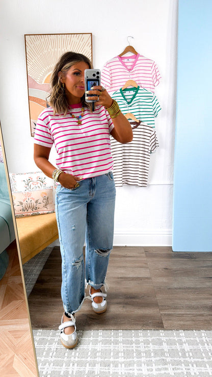 The Modern Stripe T- Shirt, Hot Pink/White