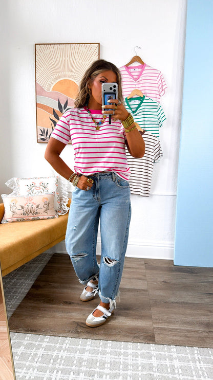The Modern Stripe T- Shirt, Hot Pink/White
