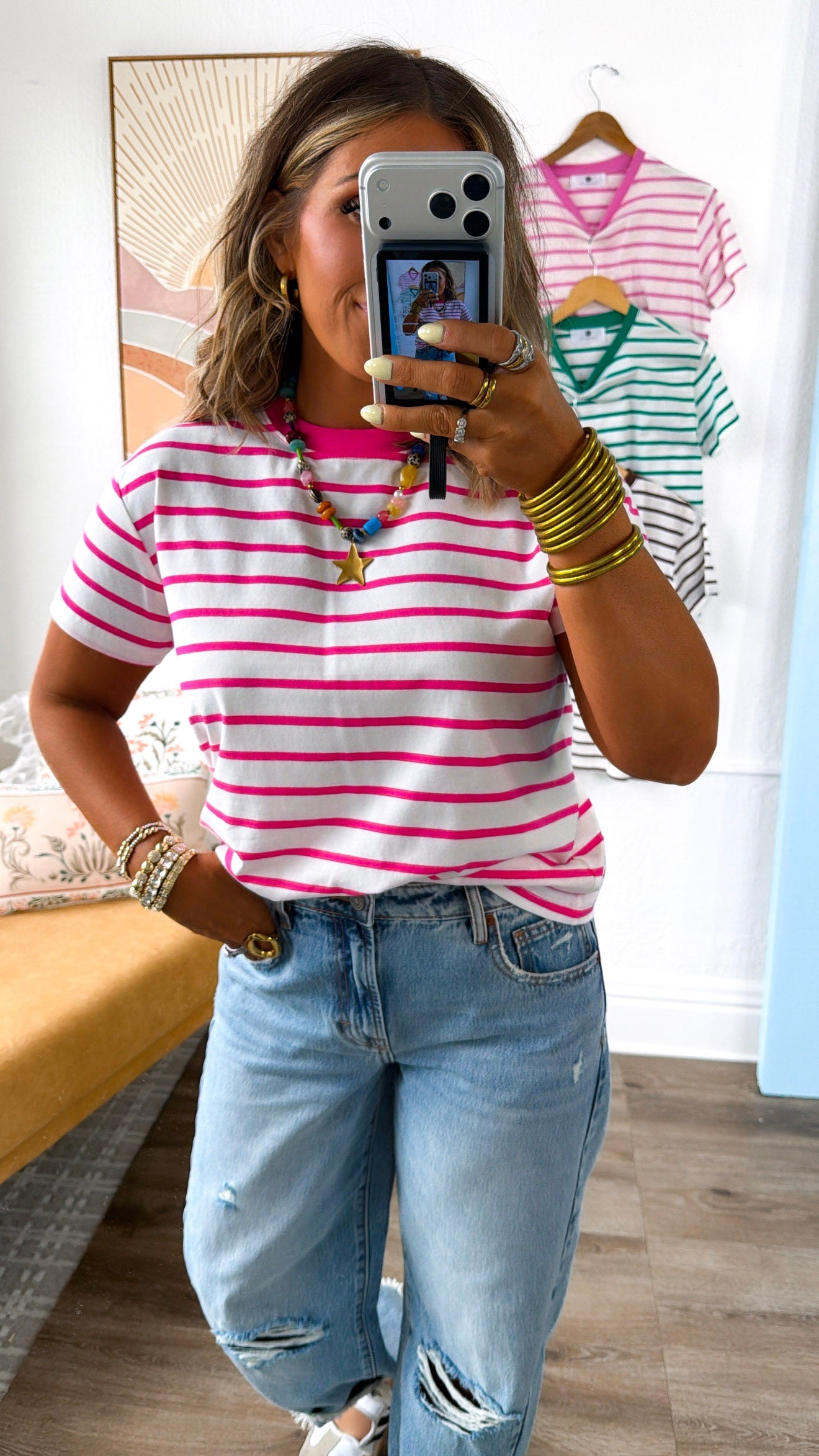The Modern Stripe T- Shirt, Hot Pink/White