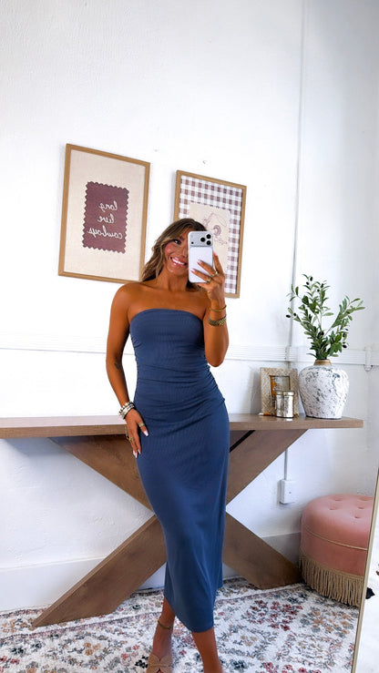 Strapless Form Fitted Midi Dress, Charcoal Blue