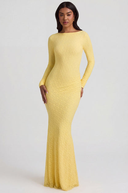 Ruched Backless Lace Maxi Dress in Pastel Yellow