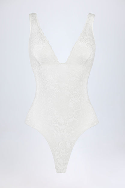 Sheer Lace Scalloped Plunge-Neck Bodysuit in White