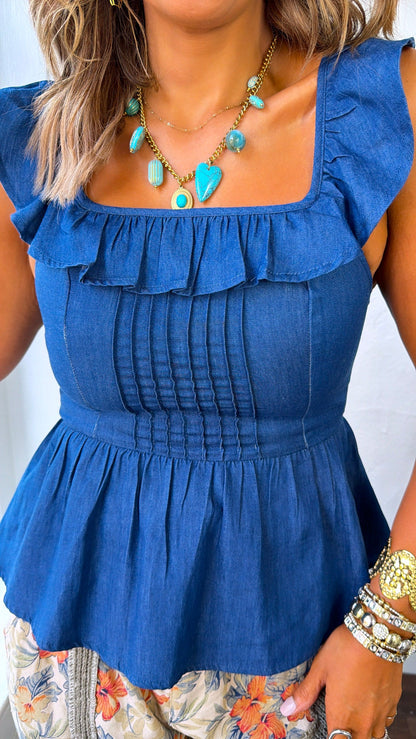 Ruffled Skies Pleated Blouse, Blue Haze