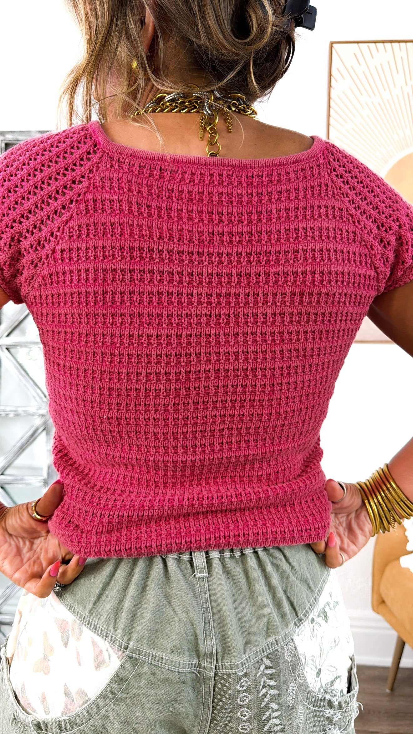 Scalloped Hem Crochet Top, Hot Pink