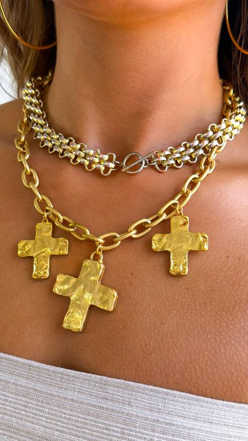 Triple Cross Necklace, Gold