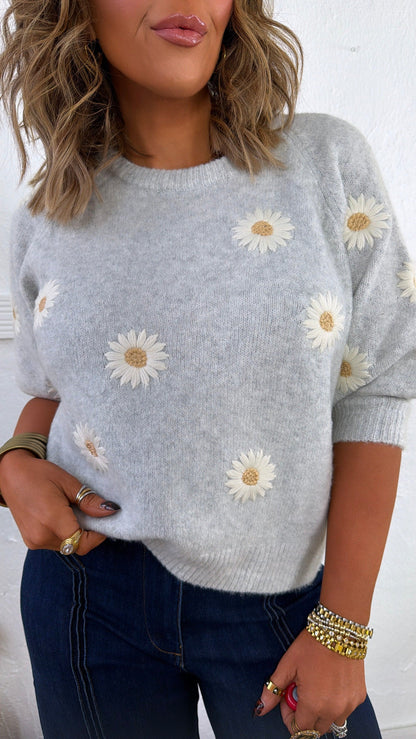 Sweet Daisy Knit Sweater, Grey