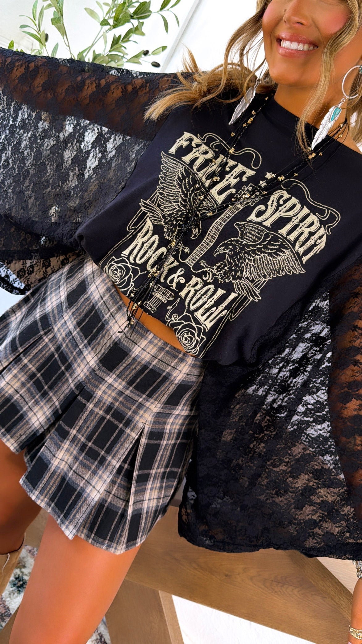 Rock & Roll Graphic Lace Sleeve Tee, Black