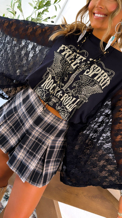 Rock & Roll Graphic Lace Sleeve Tee, Black