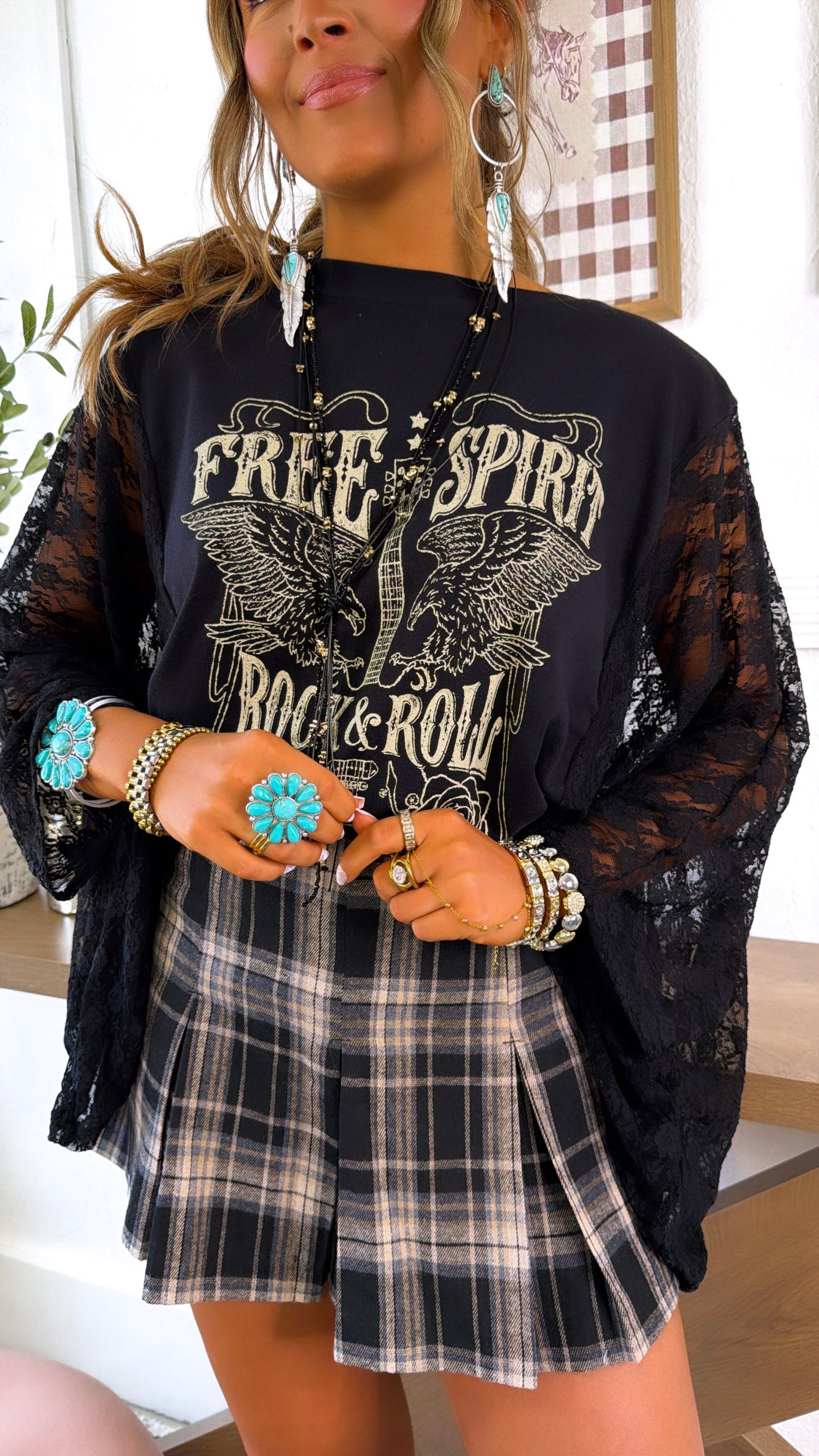 Rock & Roll Graphic Lace Sleeve Tee, Black
