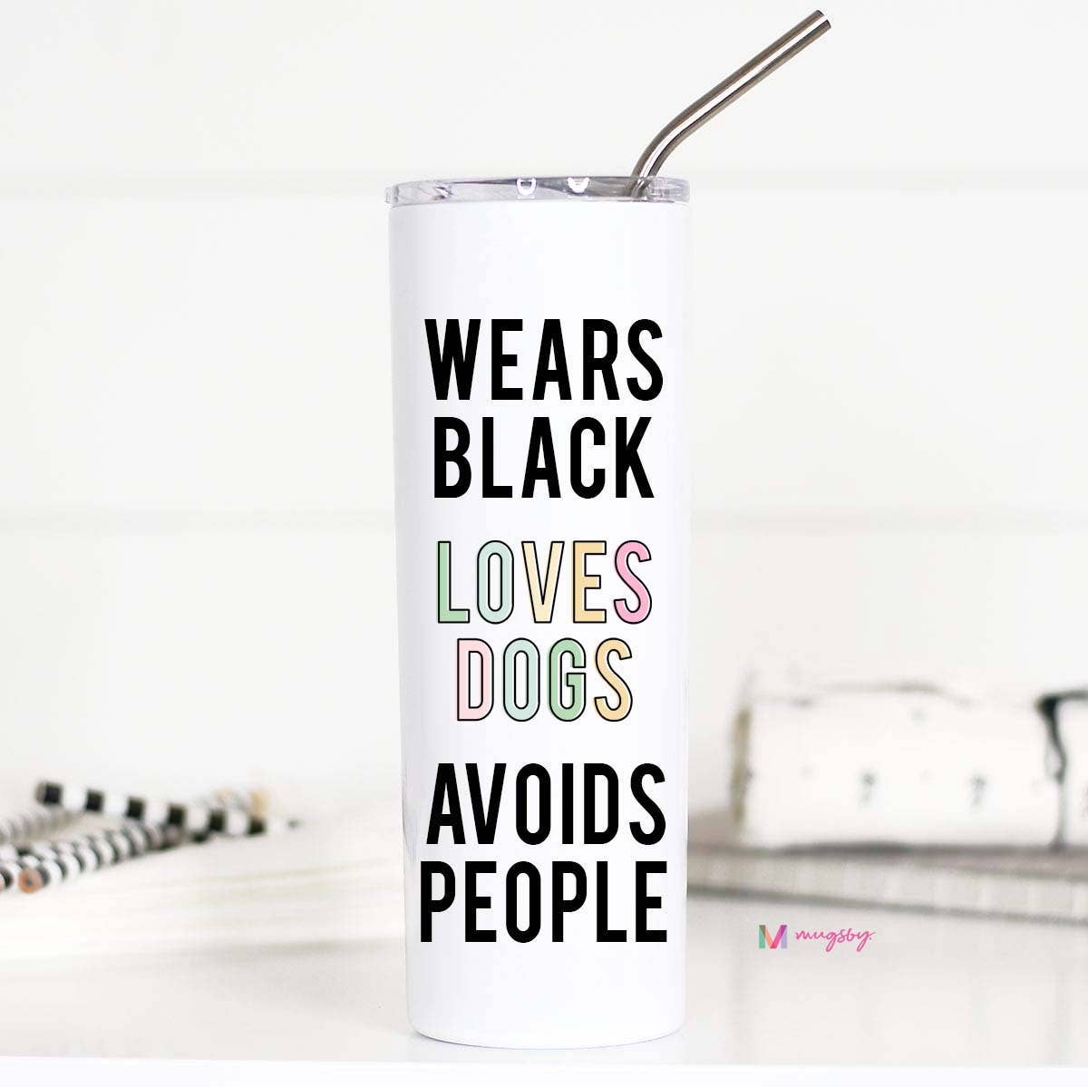 Tall Travel Mug, Wears Black Loves Dogs