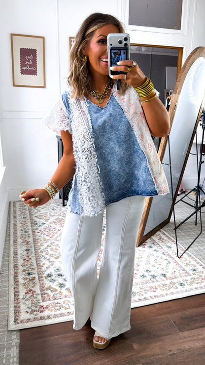Shirley Floral Denim Mix Top, Denim