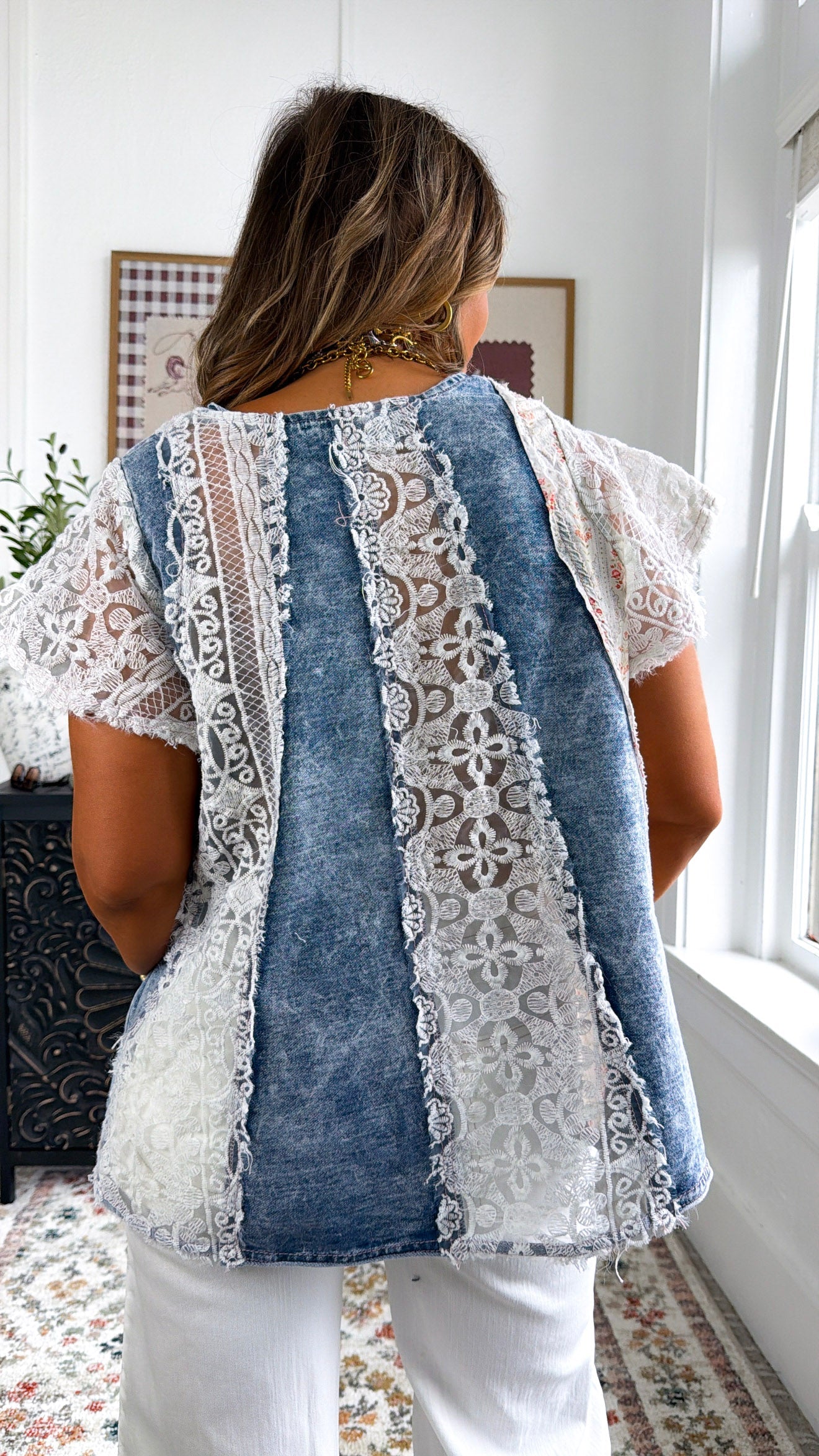 Shirley Floral Denim Mix Top, Denim