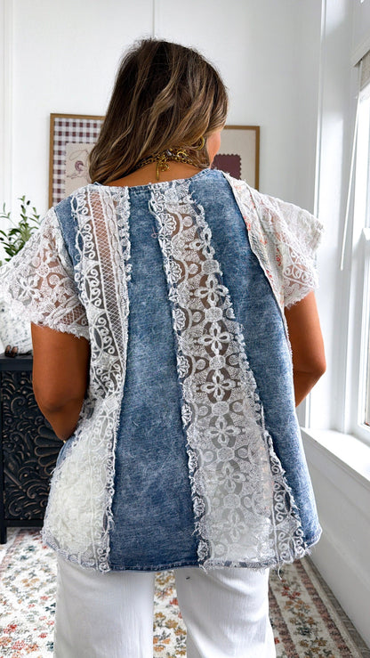 Shirley Floral Denim Mix Top, Denim