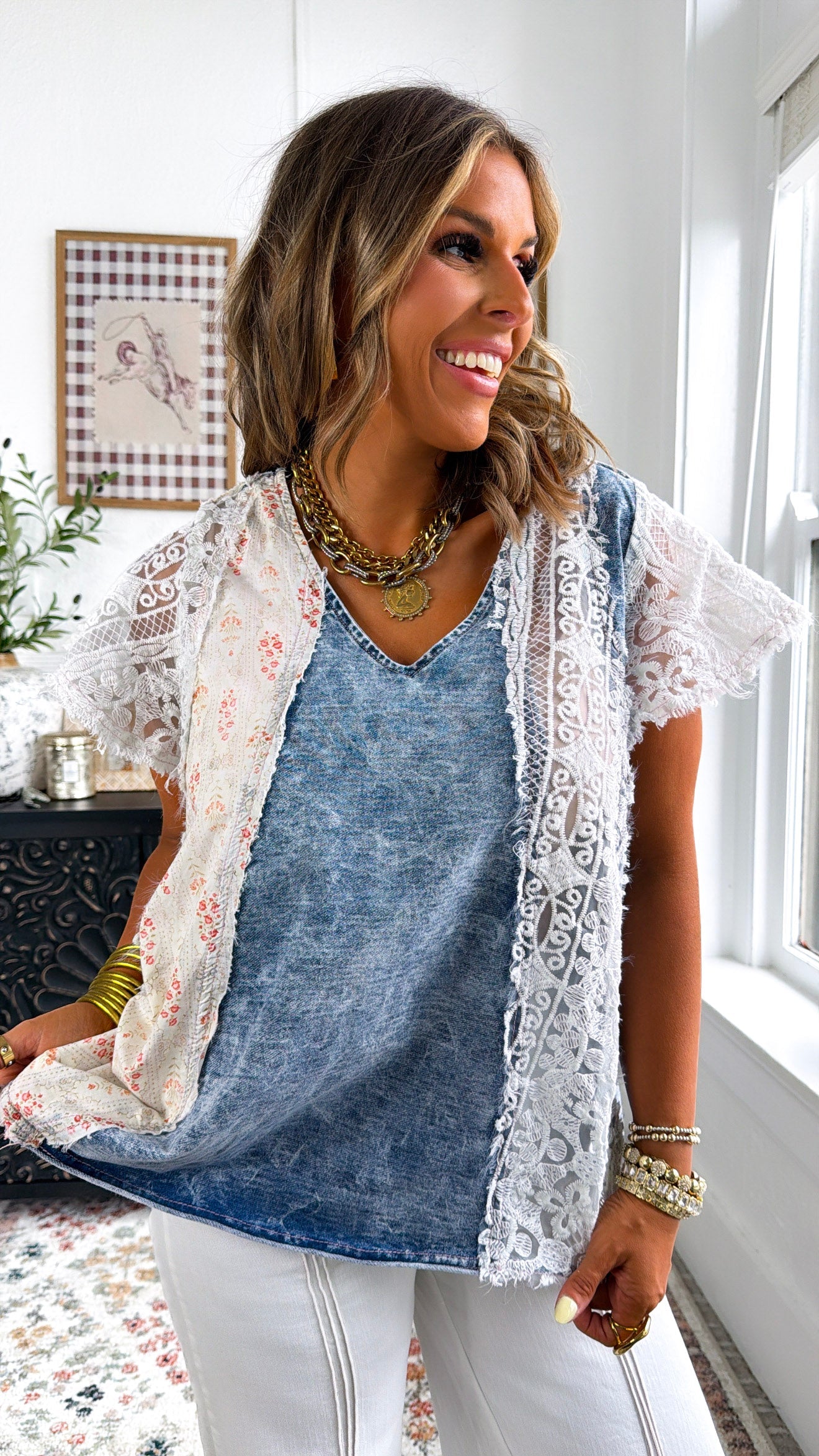 Shirley Floral Denim Mix Top, Denim