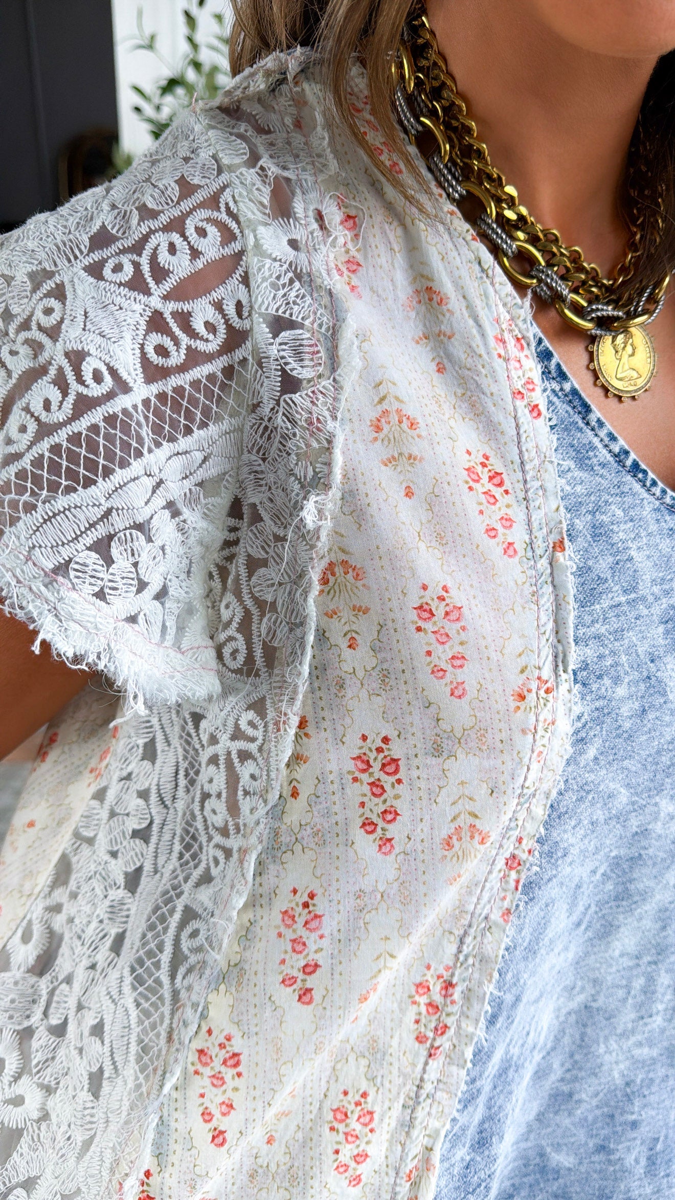 Shirley Floral Denim Mix Top, Denim