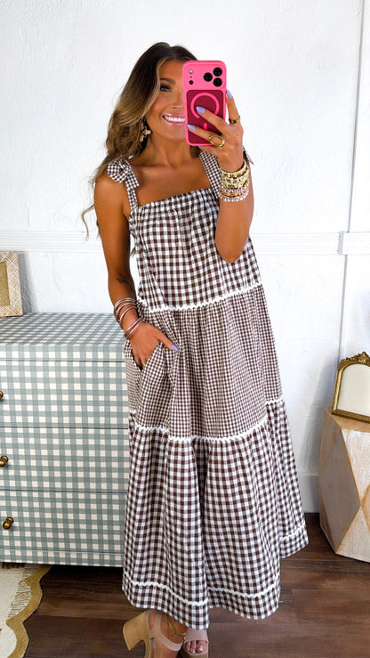 Vanilla Cold Brew Gingham Dress, Choco/ Cream