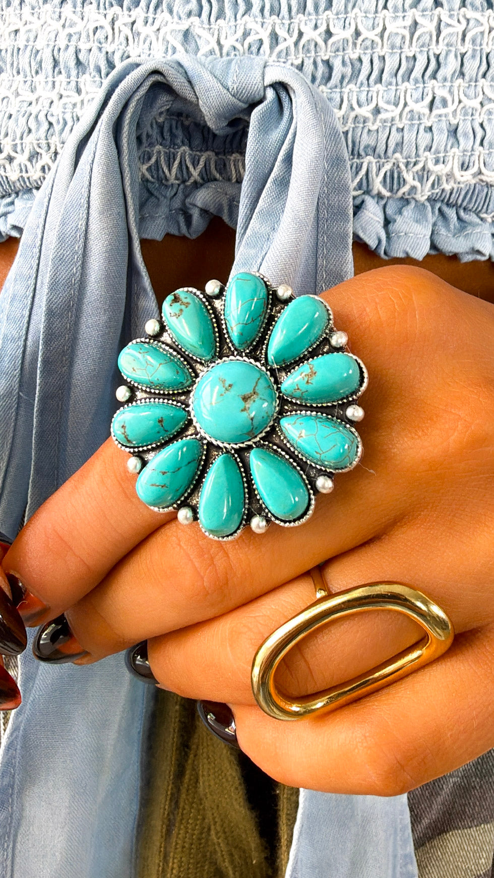 Round Adjustable Western Ring, Turquoise